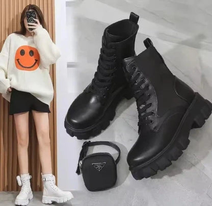 Women's Leather Oxford Motorcycle Boots – Lace-Up Platform Wedge Shoes in White, Black, and Rinse