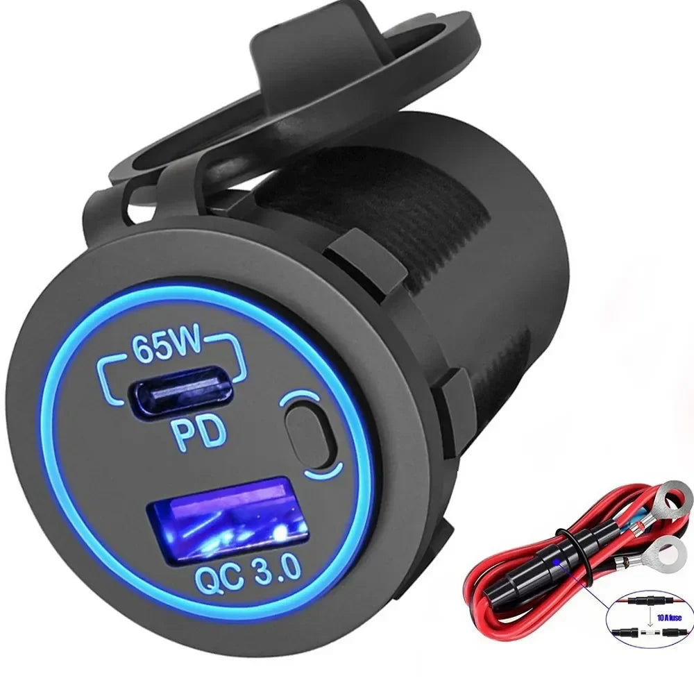 83W 12V Car USB Outlet – Laptop Charger with 65W USB-C PD3.0 & 18W QC3.0, Waterproof Multi-Port Socket with Power Switch for RV & Car