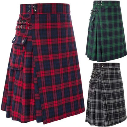 Men's Tartan Kilt Skirt – Traditional Highland Utility Kilt with Pockets, Gothic Punk Vintage Style