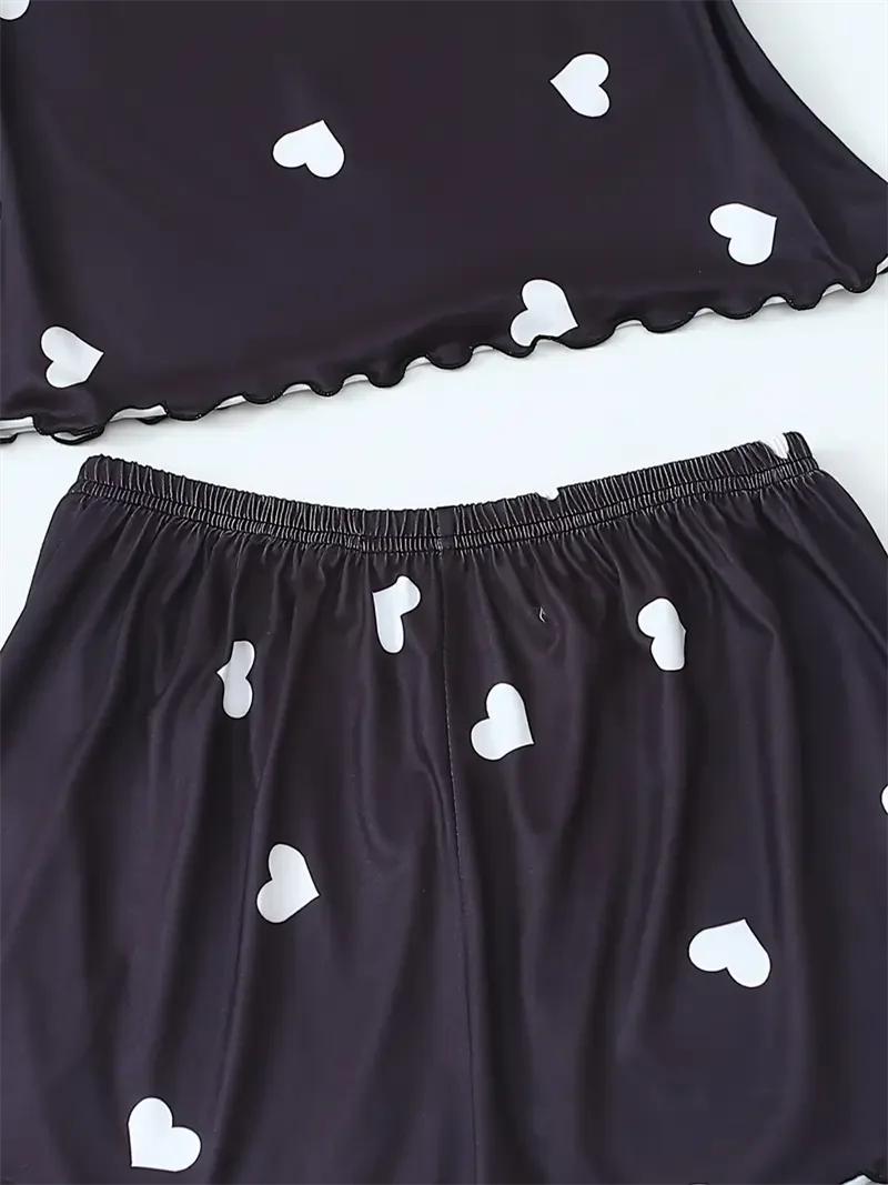 Women’s Heart Print Pajama Set - Two Piece Suspender Top & Shorts Casual Sleepwear Loungewear