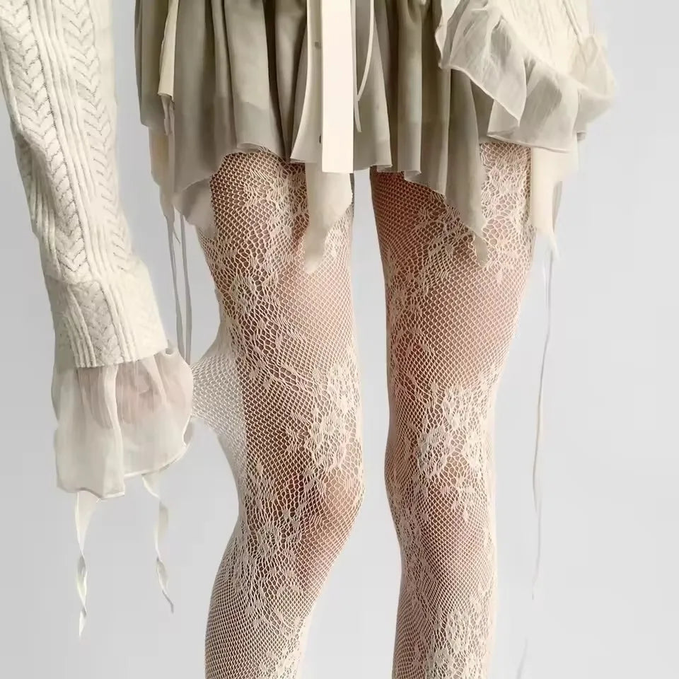Women's Floral Lace Mesh Pantyhose - Harajuku Hollow Out Tights with Rattan Pattern Fashion Hosiery