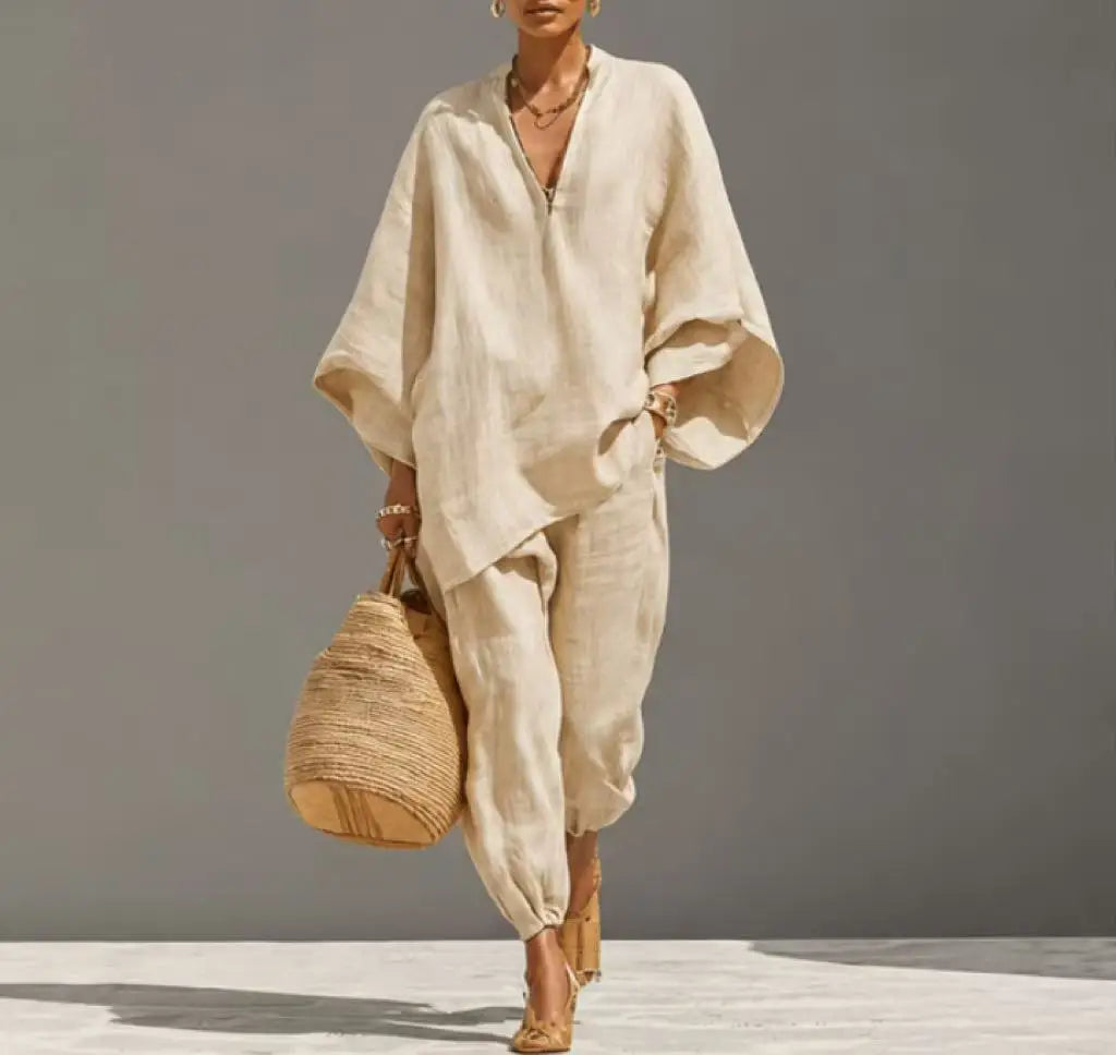 Women’s Linen Casual Set - Summer Loose Deep V-Neck Batwing Sleeve Nine-Piece Solid Color Outfit
