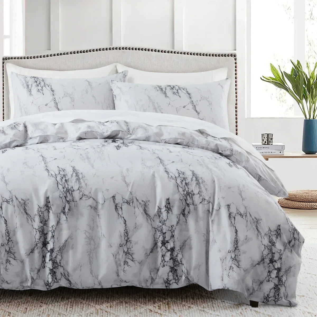 Grey Feather Duvet Cover Set – Full/Queen Boho Bedding with Soft Reversible White Comforter Cover for Kids & Teens
