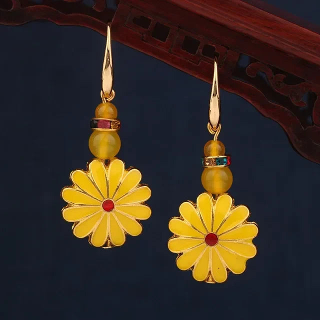 Vintage Flower Drop Earrings - Natural Stone Ethnic Jewelry for Women