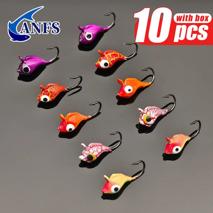 ANFS 10pcs Ice Fishing Lures - Vibrant Color Fishing Jigs with Hooks for Winter Ice Angling