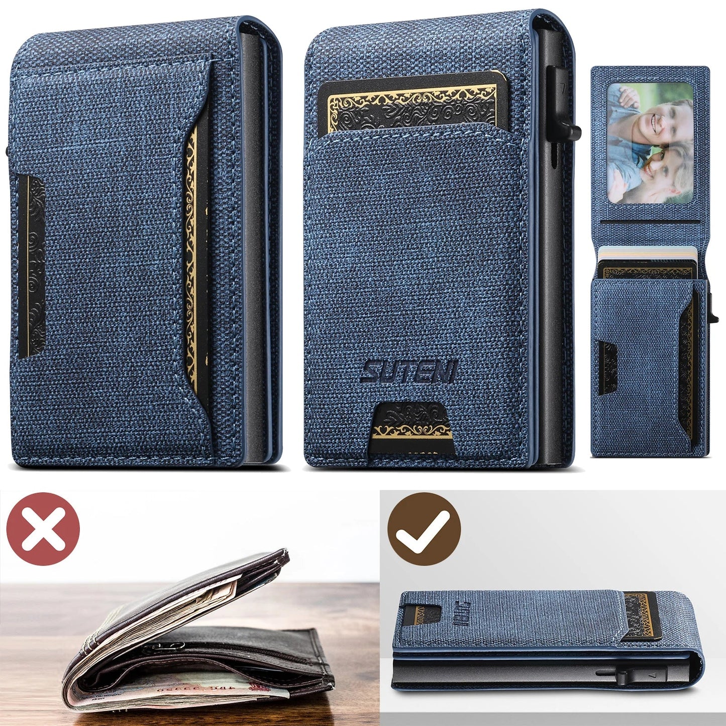 Push-Out PU Leather Card Holder Wallet – Large Capacity for 1–12 Cards & 1 Photo, Black/Brown/Blue