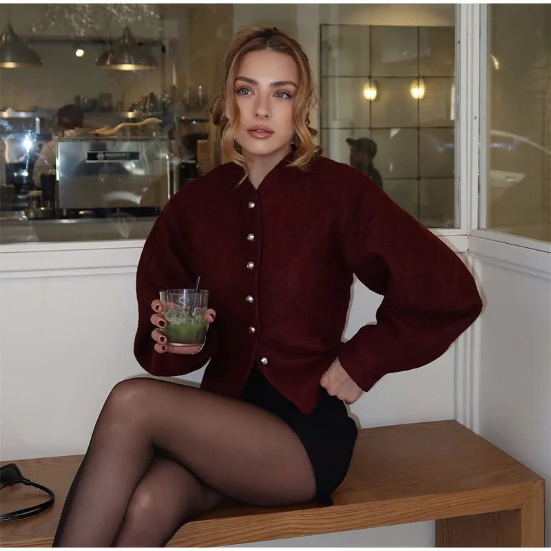2025 Women's Burgundy Woolen Coat – Fashion Stand Collar, Puff Sleeves, Oversized Elegant High Street Jacket