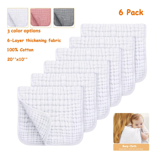 6PCS Baby Burping Cloths – 20"x10" Extra Soft 100% Cotton Muslin Washcloths, Absorbent Newborn Burp Cloths