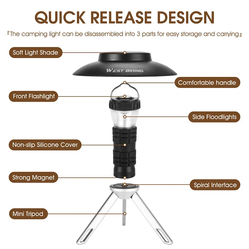 WEST BIKING Portable Camping Light - Magnetic USB Rechargeable LED Lantern & Flashlight for Outdoor Tent Camp