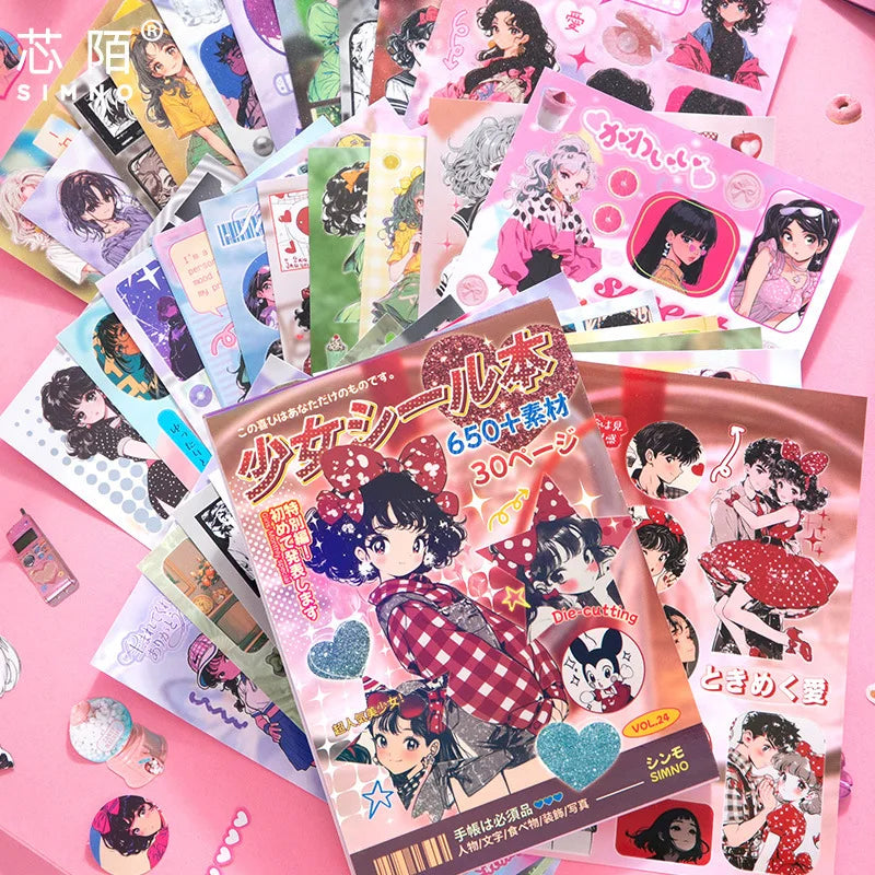 30 Sheets Japanese Style Sticker Book - Cute Cartoon Die Cut Stickers for DIY Scrapbooking Journals & Crafts