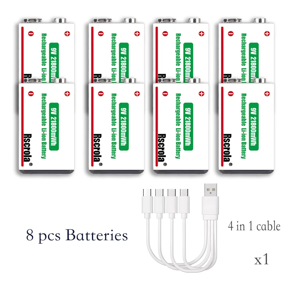 9V Lithium-Ion Rechargeable Battery 21800mWh – High-Capacity Power for Guitar, Microphone, Smoke Detector & Pedals with Cable