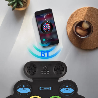 9 Pad Electronic Roll Drum Set - Portable DTX Gaming Drum Kit with Bluetooth Dual Speakers, 7 Styles, 6 Rhythms & Demo Songs