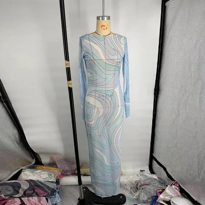 Women’s 2025 Summer Beach Dress – Long Spaghetti Strap O-Neck Dress with Print and Long Sleeves, Fashionable Summer Robe