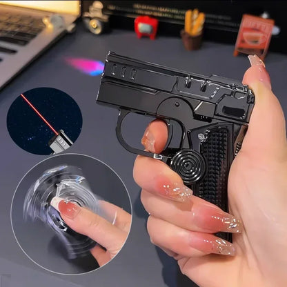 Folding Gun Style Lighter - Windproof Butane Jet Flame Metal Lighter with Laser