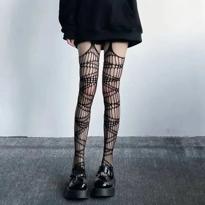 Lolita Gothic Fishnet Stockings - Black Sheer Over Knee Tights for Women