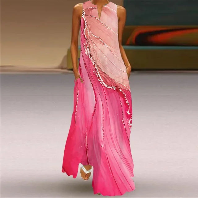 Women’s Retro V-Neck Summer Dress - Sleeveless Printed Maxi Swing Skirt with Loose Comfortable Fit