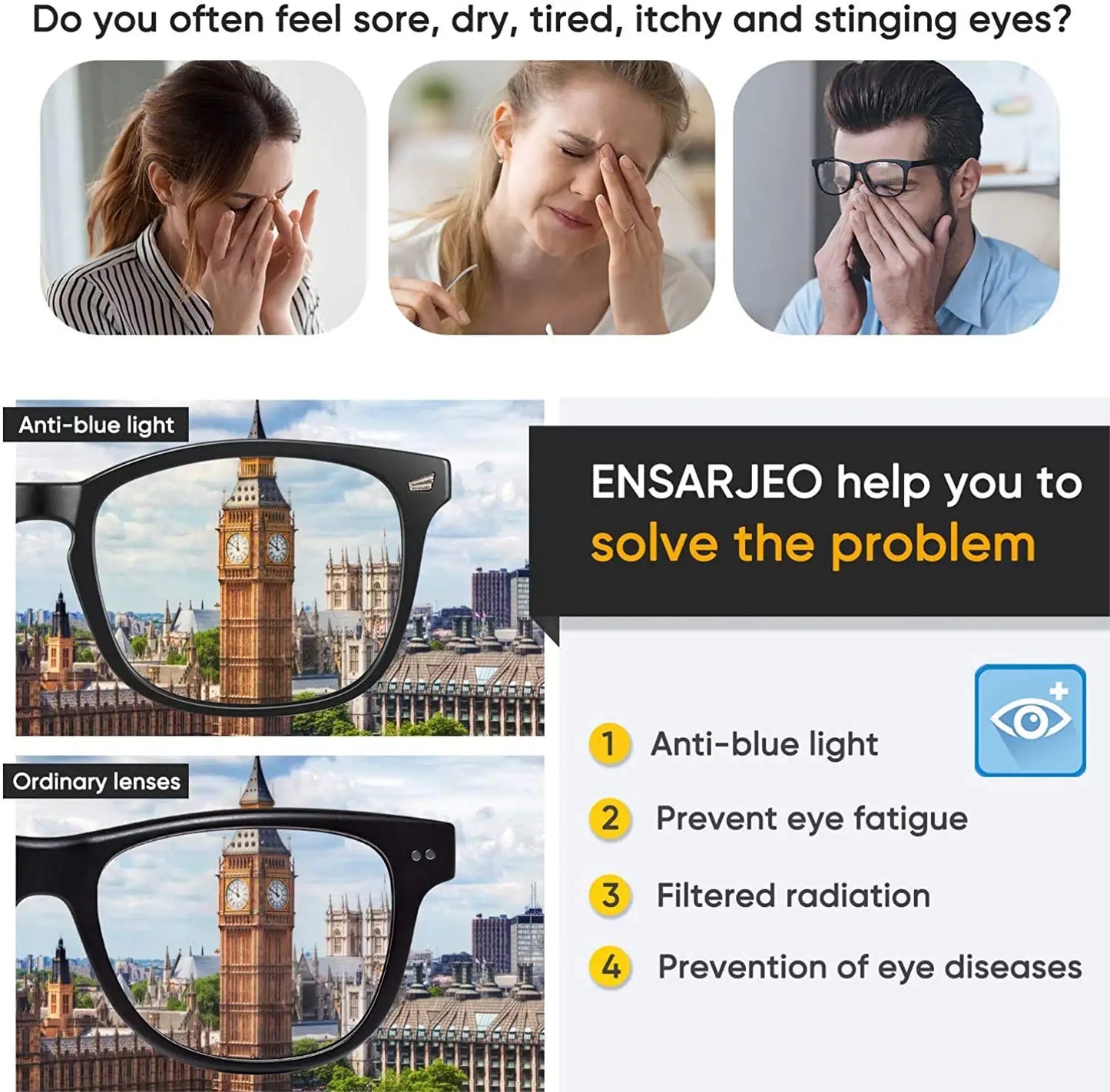 Blue Light Blocking Glasses – Men’s Computer and Gaming Glasses, UV400 Clear Lens for Eye Protection and Anti-Eyestrain