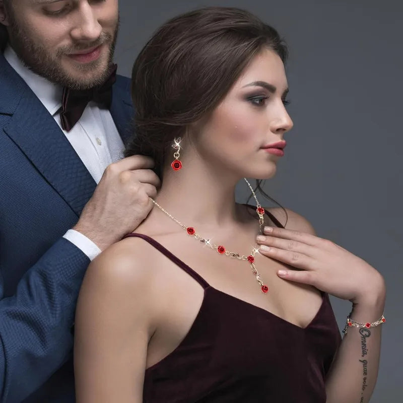 3-Piece Red Rose Jewelry Set - Flower Necklace, Bracelet & Dangle Earrings for Weddings, Valentine's Day & Birthdays