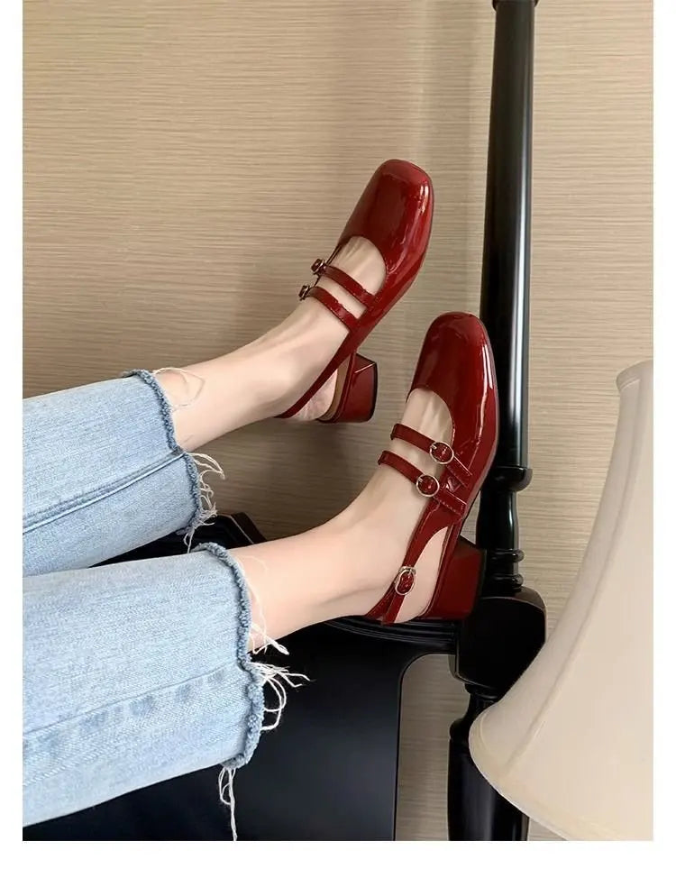 2025 Women’s Burgundy Mary Jane Shoes – Square-Toe Patent Leather Chunky Heel with Double Buckle