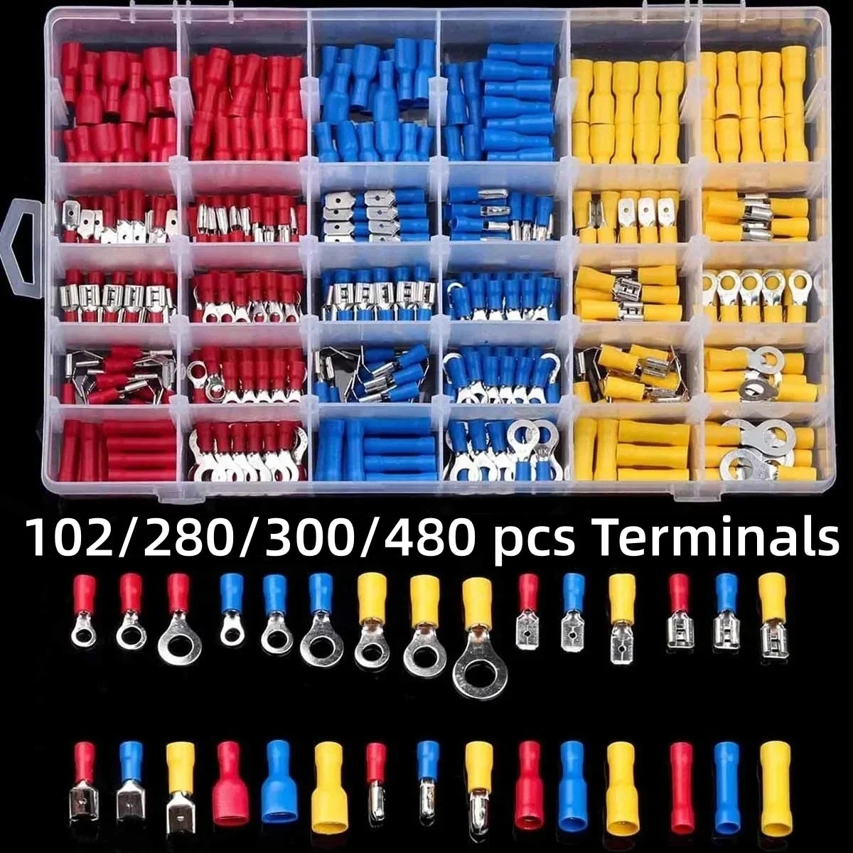 102/280/300/480PCS Insulated Wire Connector Kit Male & Female Spade Crimp Terminals Assorted Electrical Cold Press Terminal Set for Automotive & DIY Wiring