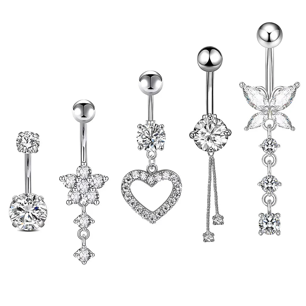 5PCS Belly Button Rings Set – 14G Butterfly & Heart Curved Navel Piercings for Women & Girls Body Jewelry