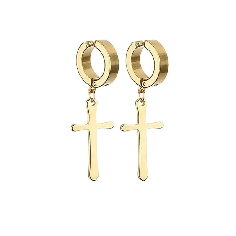 Gold Cross Huggie Hoop Earrings - Minimalist Dangle Charm Jewelry for Men & Women