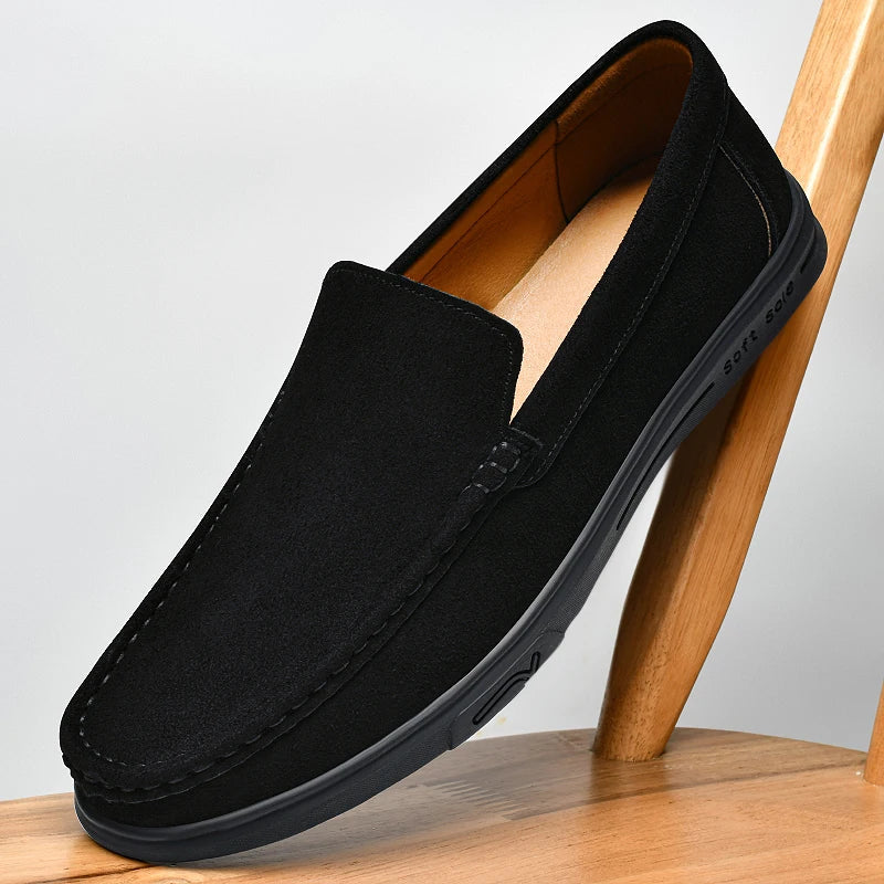 Men's Suede Leather Loafers - Black Slip-On Casual Driving & Business Shoes in Large Sizes