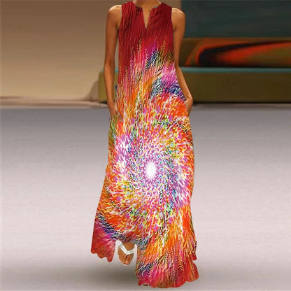 Vintage Boho Maxi Dress - Women's Summer V Neck Sleeveless Long Sundress with Pockets
