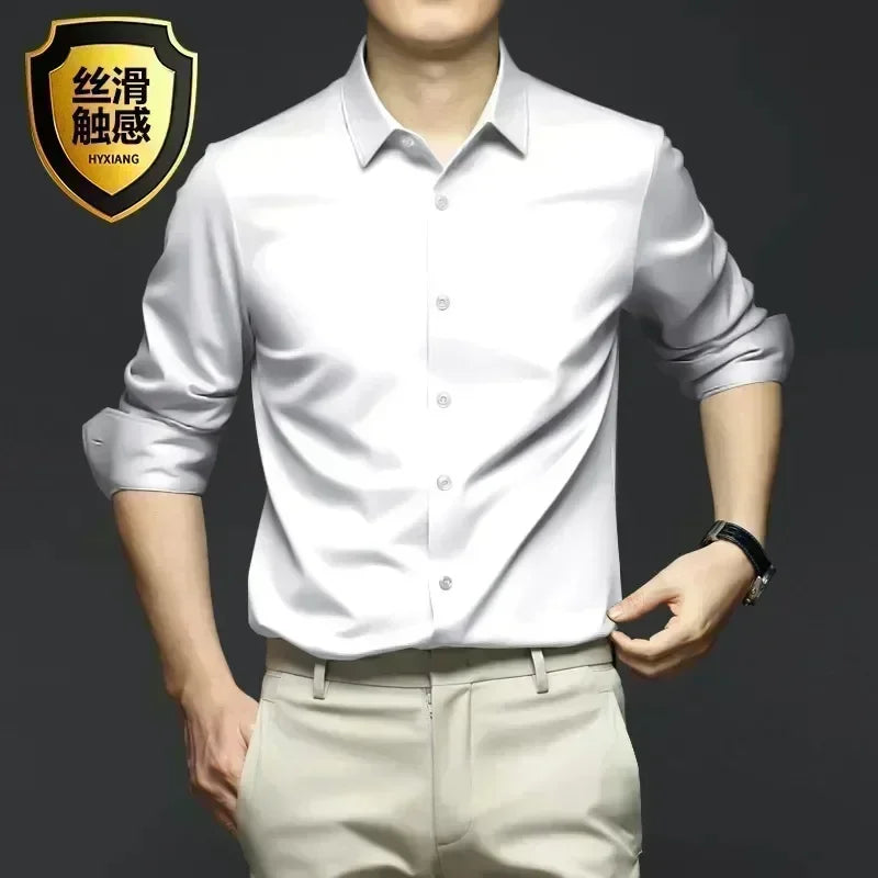 Men’s Luxury White Dress Shirt - Wrinkle-Resistant Ice Silk Glossy Long Sleeve Business Casual Shirt S-6XL