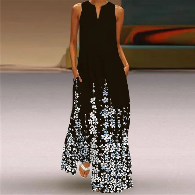 Women’s Retro V-Neck Summer Dress - Sleeveless Printed Maxi Swing Skirt with Loose Comfortable Fit