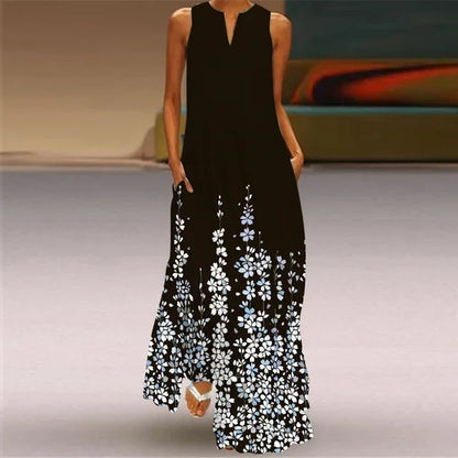 Women’s Retro V-Neck Summer Dress - Sleeveless Printed Maxi Swing Skirt with Loose Comfortable Fit