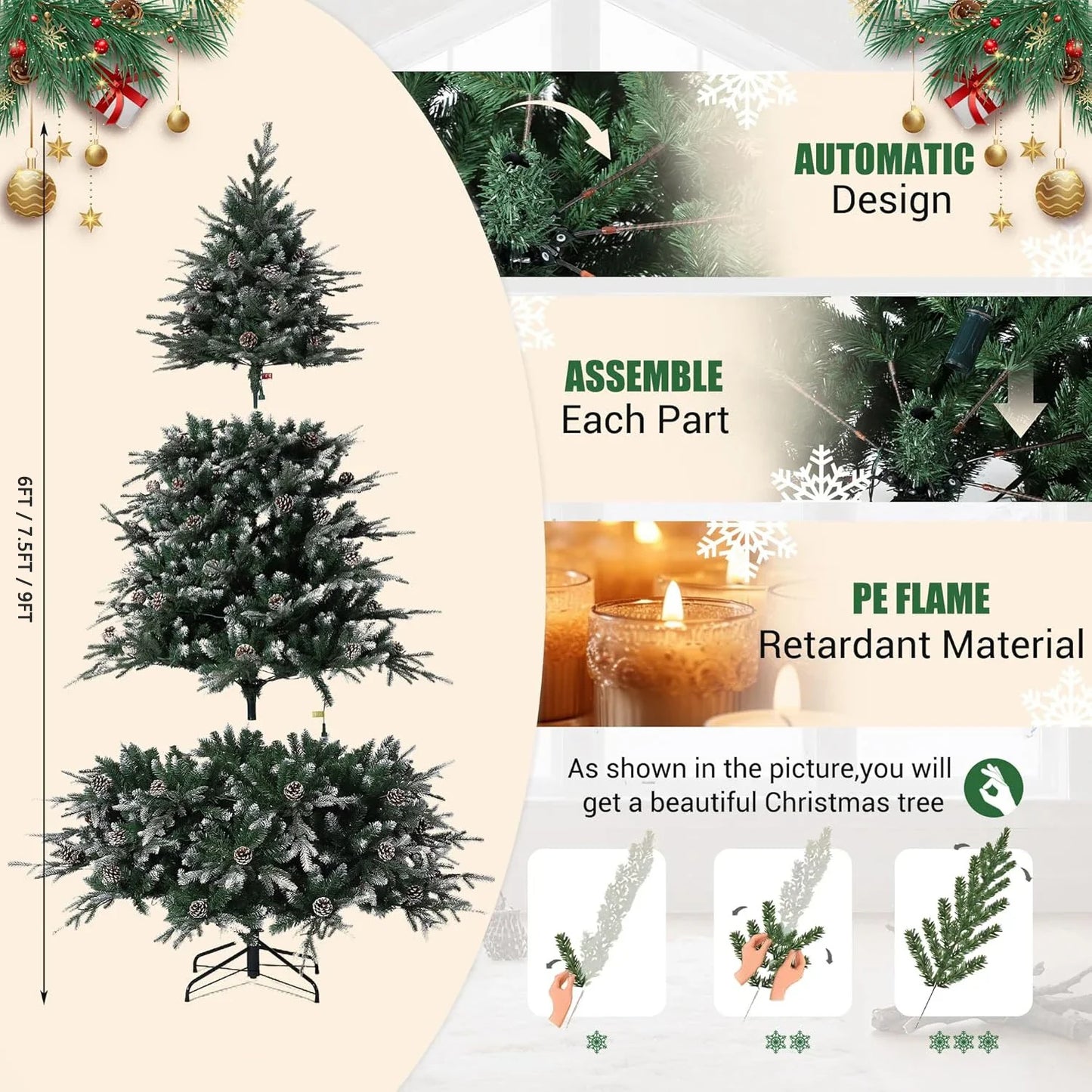 Pre-Lit Snow Flocked Christmas Tree with LED Lights & Pine Cones — 6ft/7.5ft/9ft Artificial Holiday Tree for Home Decor