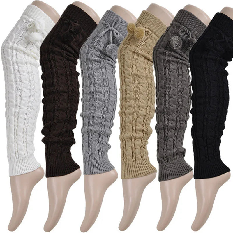 Women’s Winter Knitted Leg Warmers - Cozy Crochet Boot Socks with Hairball Fashion Style
