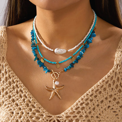 Bohemian Shell Layered Necklace - Vintage Starfish & Turtle Blue Beaded Beach Jewelry for Women