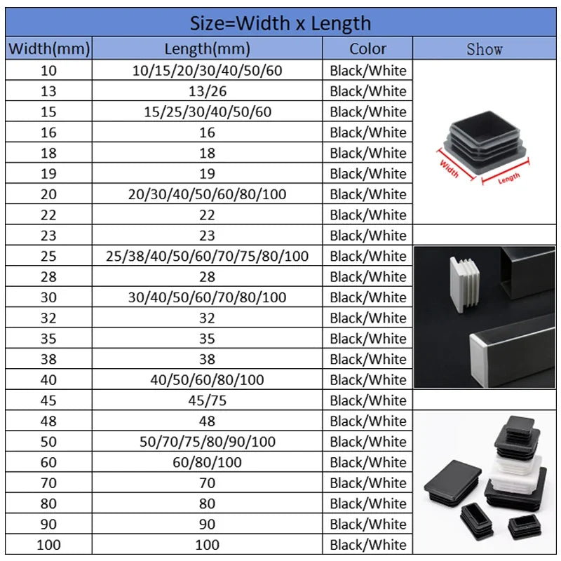 Black Square Tube End Caps - Plastic Blanking Plugs for Furniture, Tables & Chairs 10-100mm