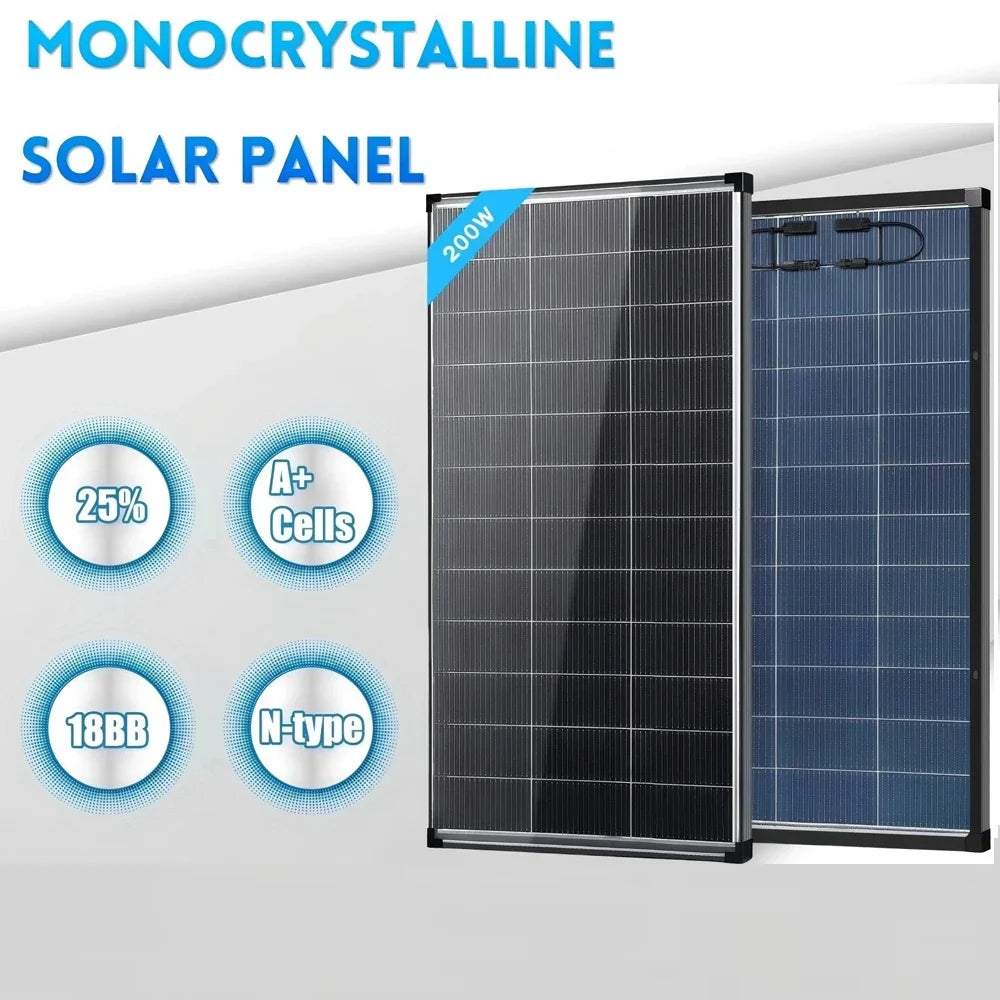 200W Bifacial N-Type Monocrystalline Solar Panel - High Efficiency Dual-Sided PV Module for RV, Boat, Cabin & Off-Grid Power Systems