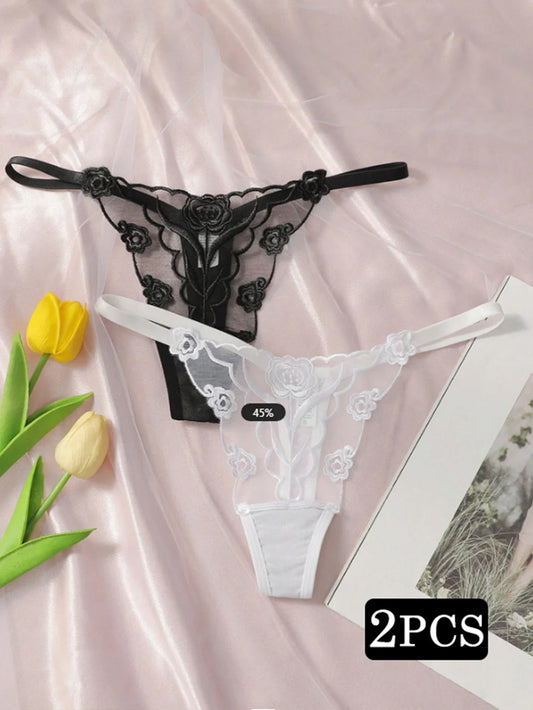 2PCS Lace Thong Underwear Set - Sexy Ladies Black & White Floral Embroidered Panties for Women