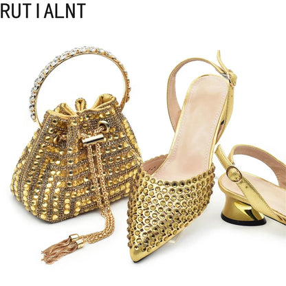Women’s Gold Rhinestone Shoe & Bag Set - Elegant Wedding & Party Fashion Accessories