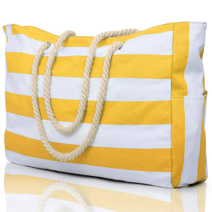 Striped Waterproof Canvas Beach Bag – Zippered Foldable Tote for Outdoor Travel and Vacation, Sand-Resistant Design