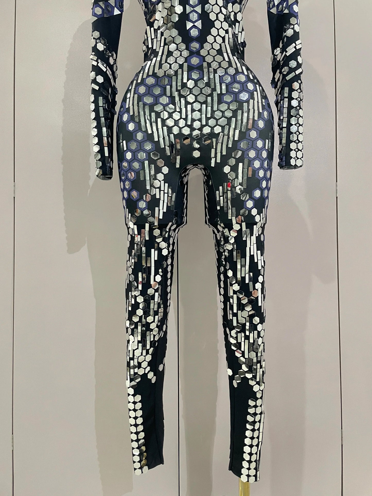 Sexy Shiny Silver Sequin & Black Spandex Jumpsuit — 2025 Women’s Prom, Dancer & Stage Performance Costume