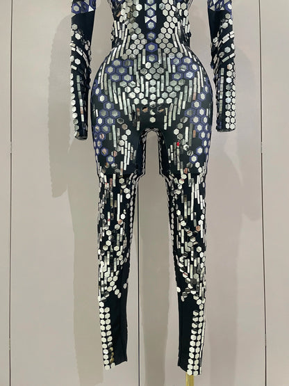 Sexy Shiny Silver Sequin & Black Spandex Jumpsuit — 2025 Women’s Prom, Dancer & Stage Performance Costume