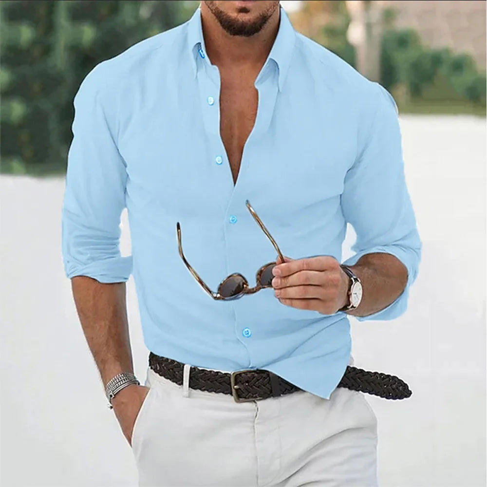 Men’s Cotton Linen Long Sleeve Shirt - Loose Fit Solid Color Casual Lapel Streetwear Top for Autumn