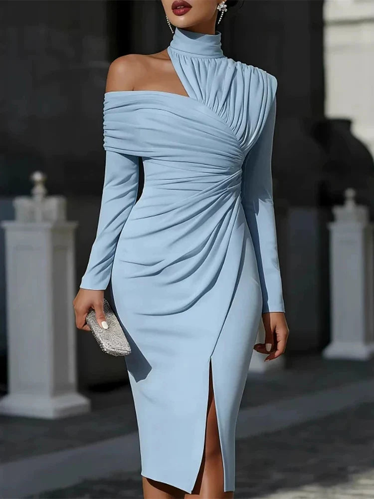 Elegant High Waist Bodycon Midi Dress - Draped High Collar Long Sleeve Split Slim Fit Party Dress for Women