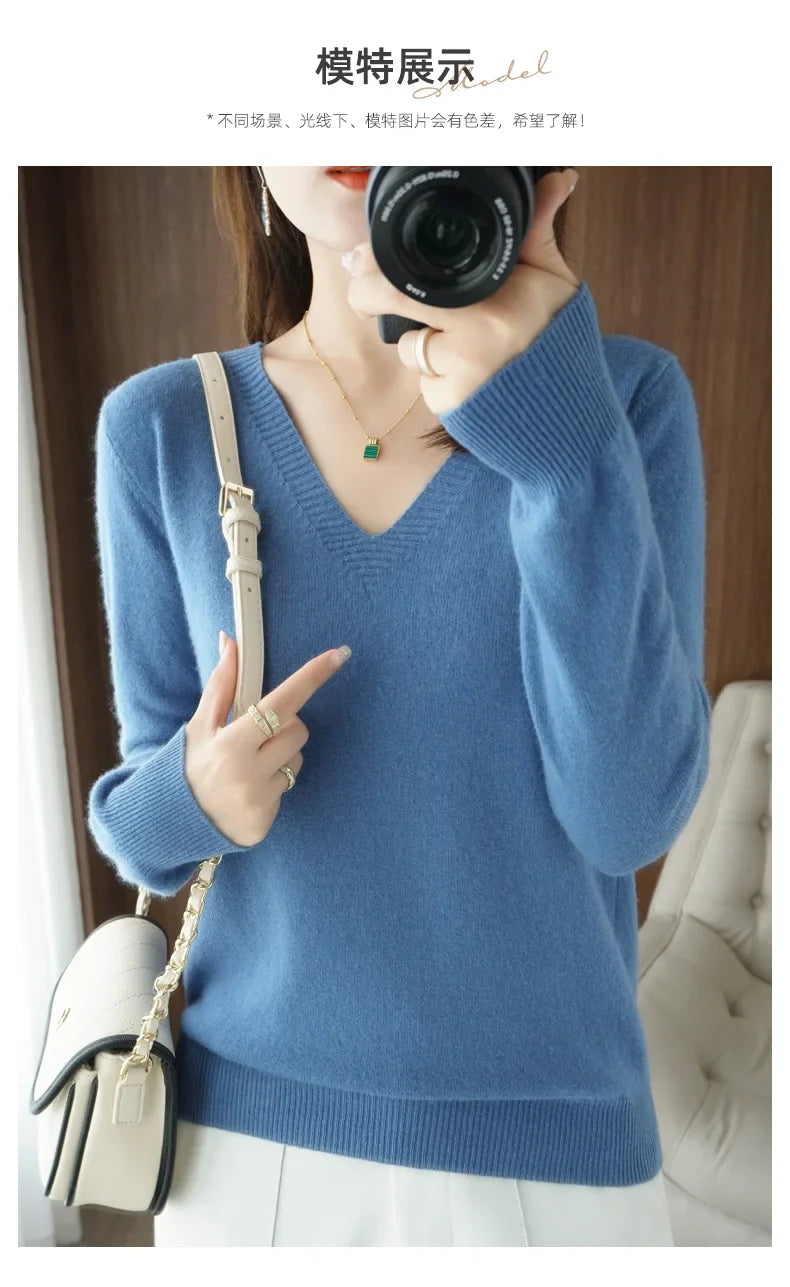 New Women’s Cashmere V-Neck Pullover – Lace Hollow Out Long Sleeve Knitted Sweater for Fall & Winter