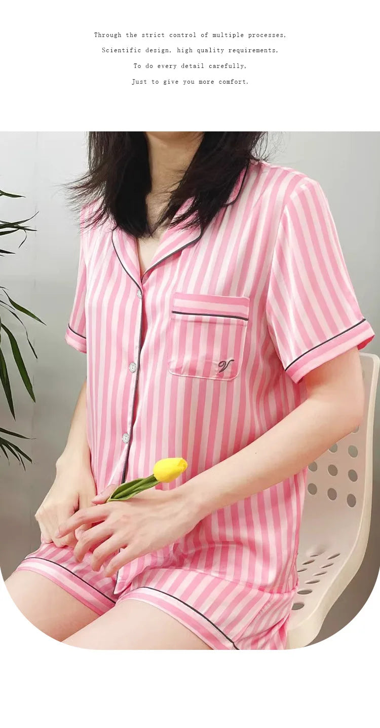 Plus Size Women’s Pajama Set – Short Sleeve Cardigan & Striped Shorts Two-Piece Homewear