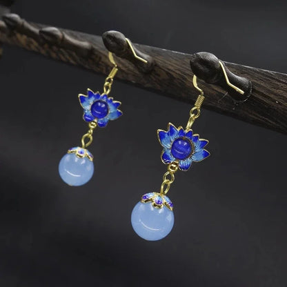 Vintage Flower Drop Earrings - Natural Stone Ethnic Jewelry for Women