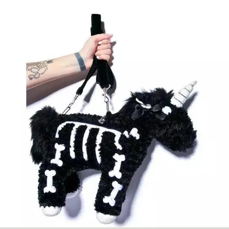 Dark Punk Unicorn Backpack – Gothic Pink Plush Flying Horse Skeleton Stuffed Crossbody Bag, High-Quality Gift for Friends