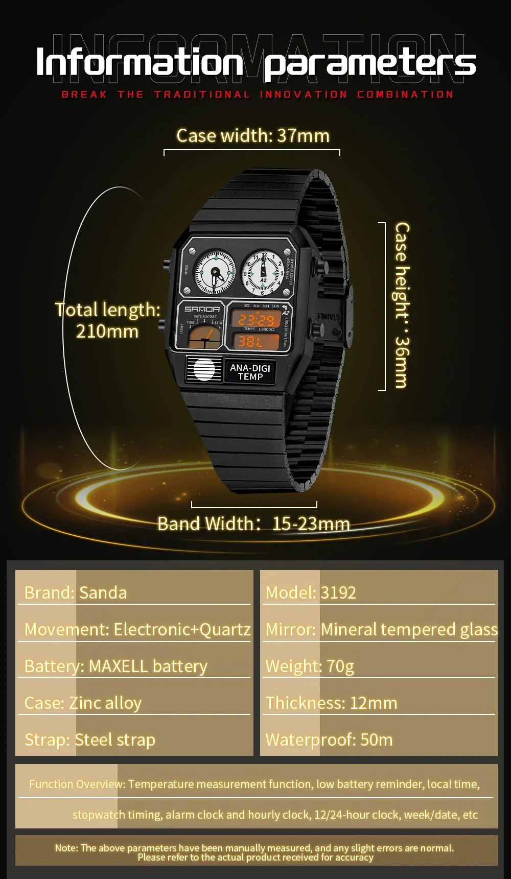 SANDA 3192 LED Electronic Men's Watch – Square Casual Multi-Function Thermometer Stopwatch Chronograph
