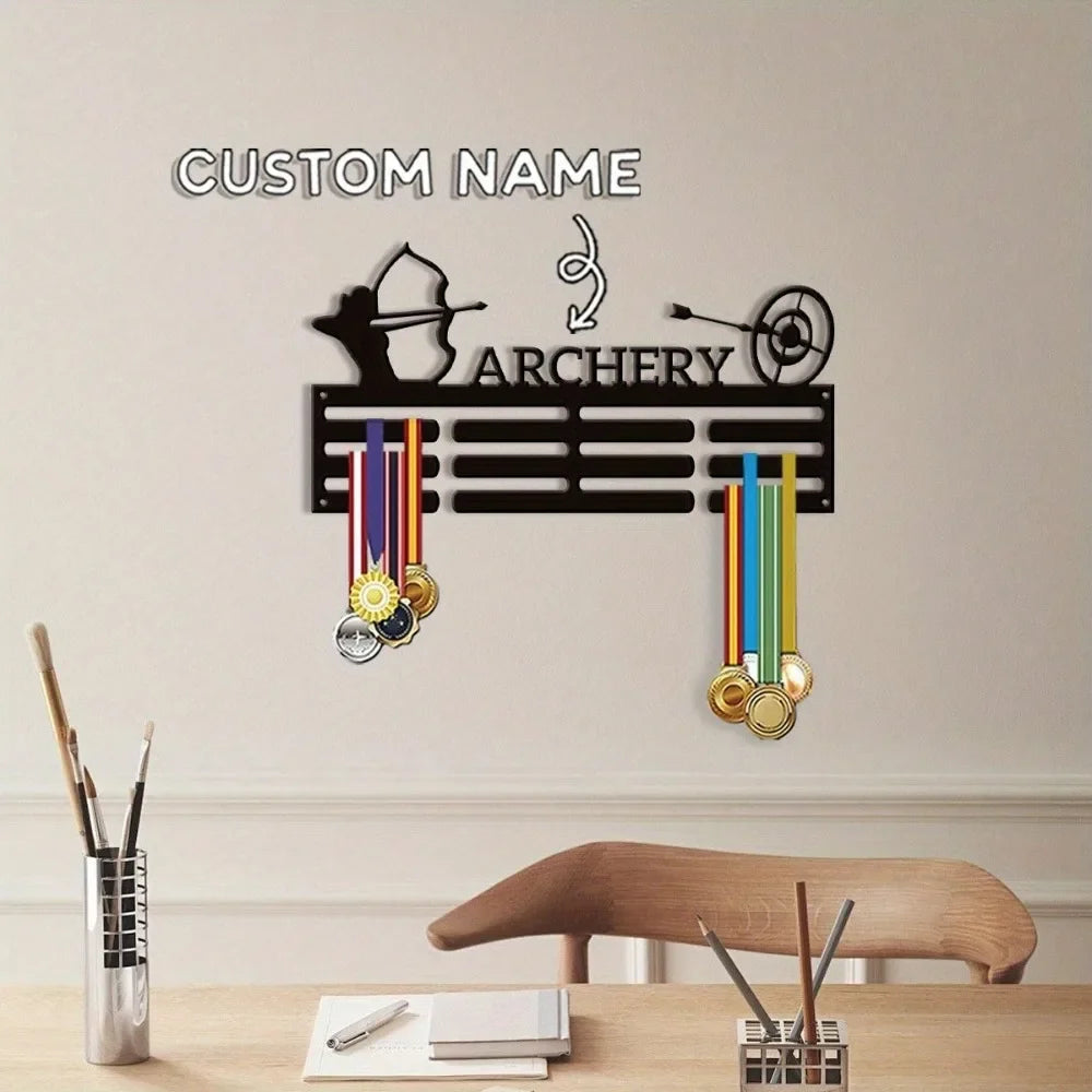 Vintage Archery Medal Display Rack - Gold Black Wall Mounted Award Holder with Custom Hooks