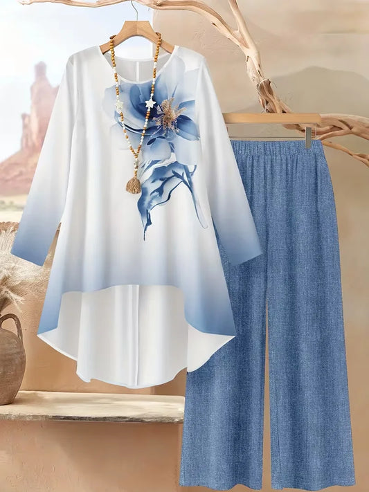 Plus Size 2 Piece Outfit Set - Floral Long Sleeve Blouse and Wide Leg Pants Casual Women's Suit